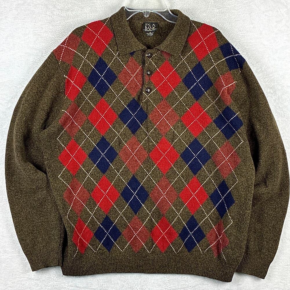 VTG 90s Jos A Bank Wool Polo Sweater Men XL Brown Red Argyle Grandpa Preppy